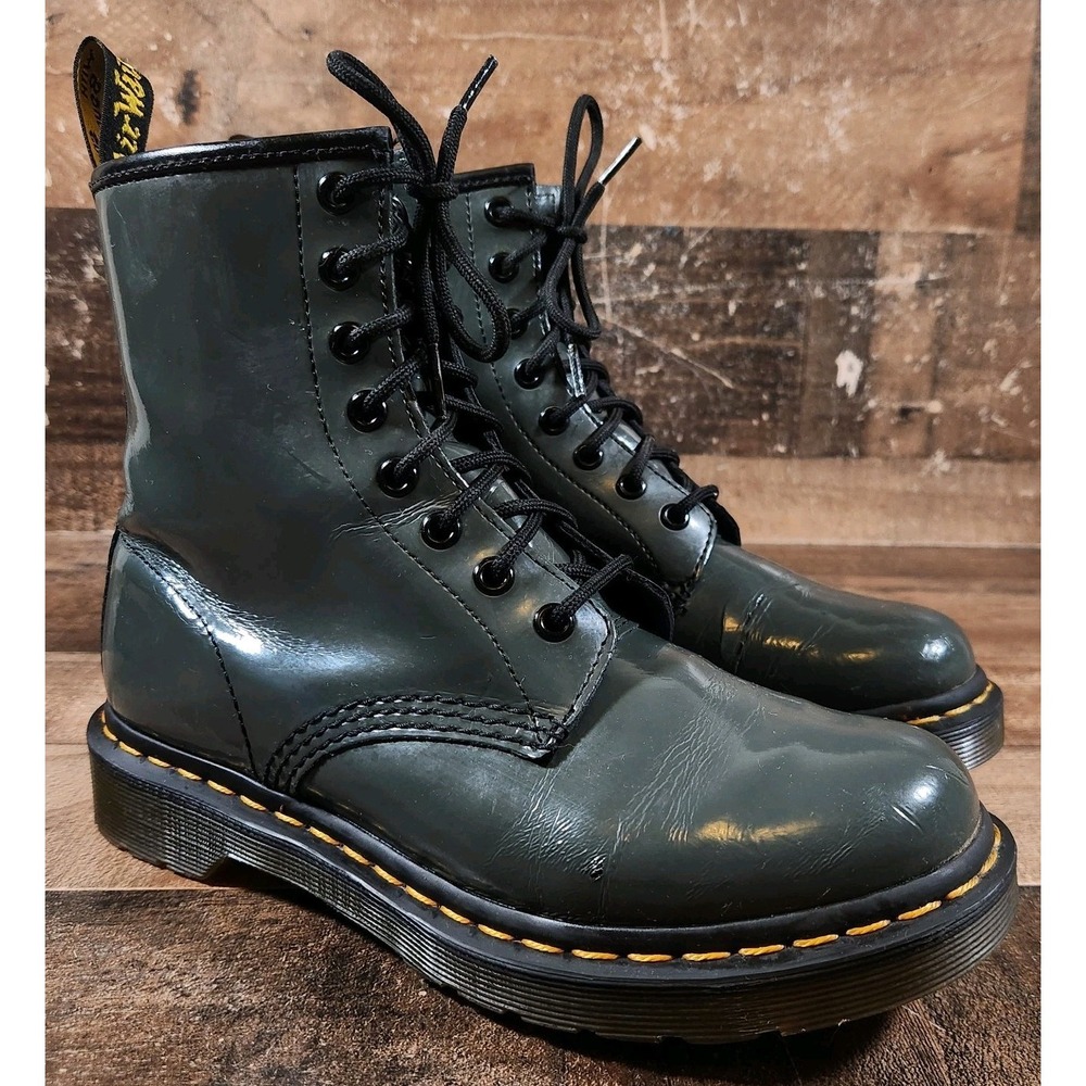 Doc Marten Boots Womens 7 Gray Combat Patent Leather 1460 Lamper 8 Eyelet